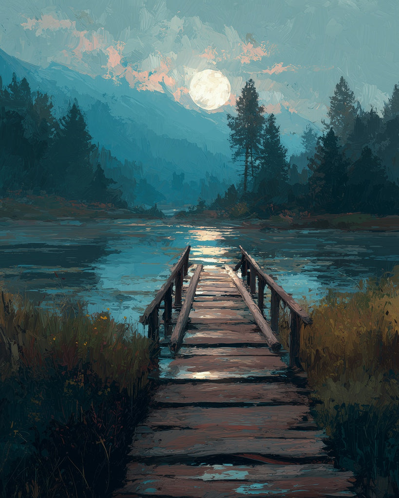 Wooden Bridge and Lake at Night Paint by Numbers