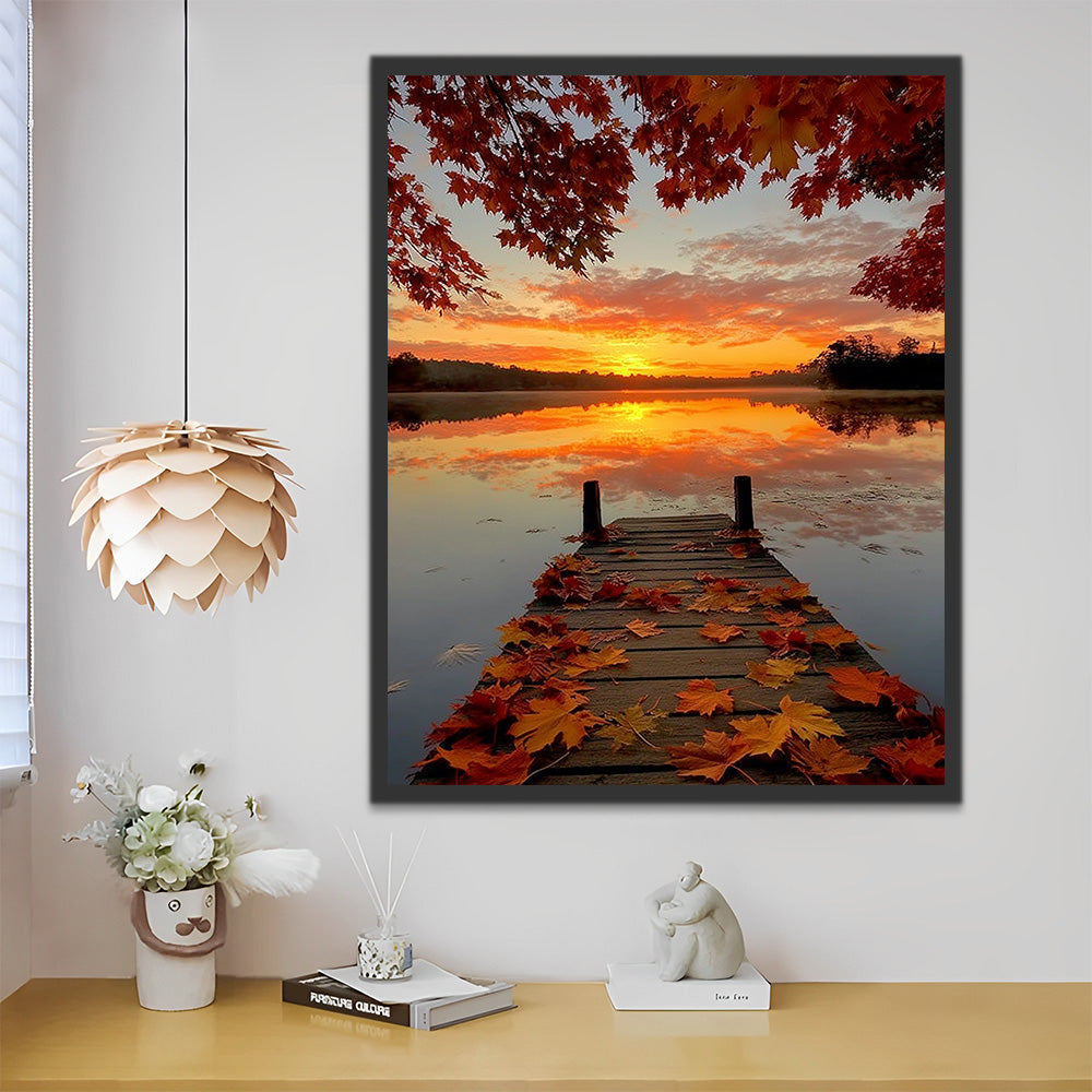 Wooden Bridge and Maple Leaves by the Lake Paint by Numbers