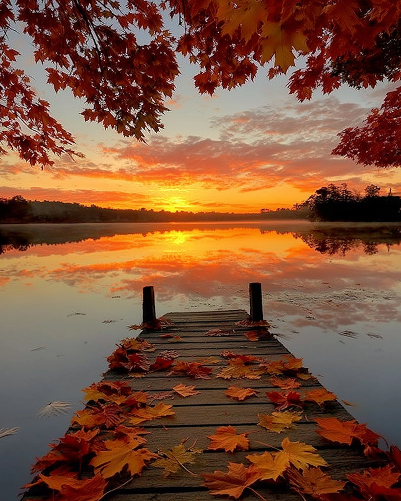 Wooden Bridge and Maple Leaves by the Lake Paint by Numbers