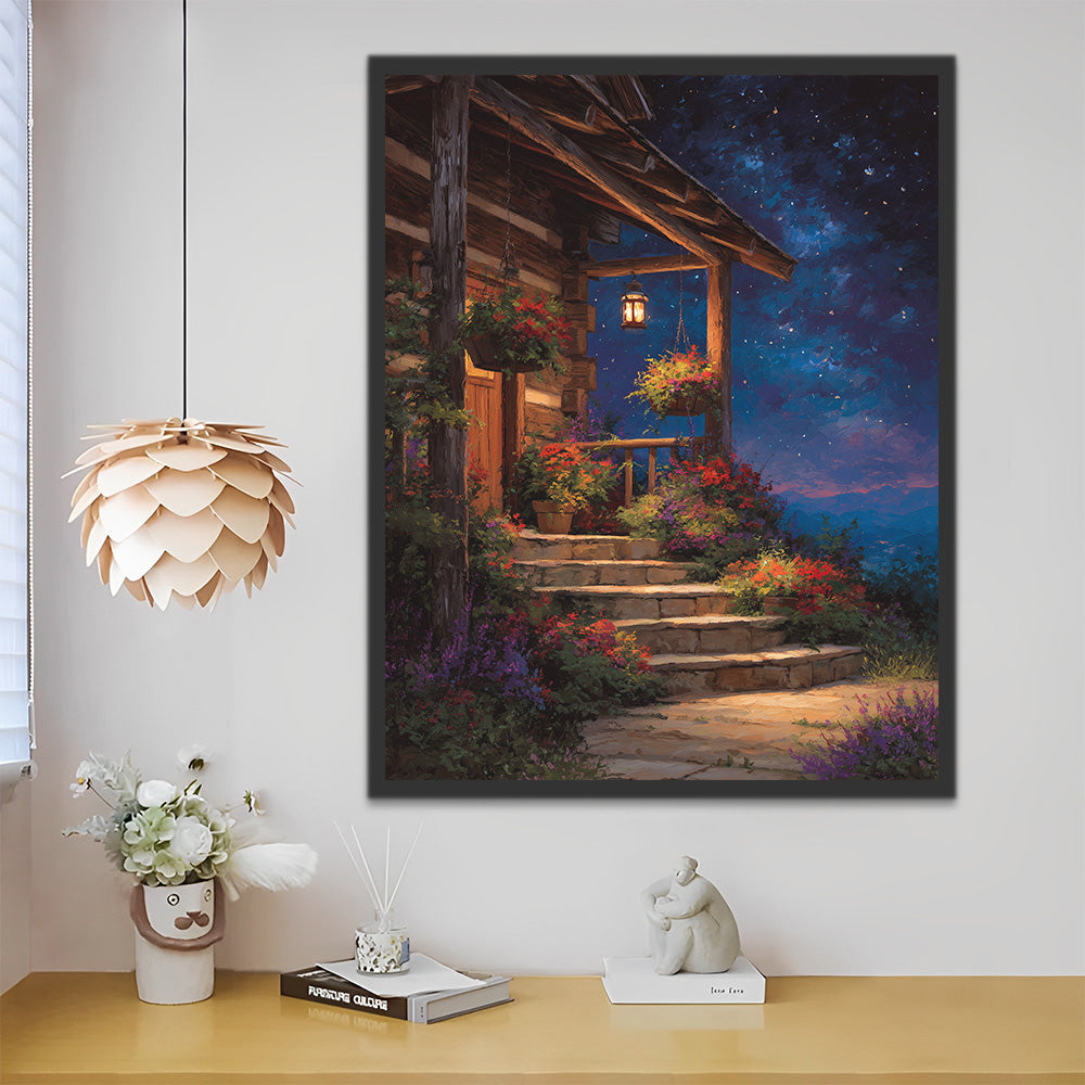 Wooden House full of Flowers under the Night Sky Paint by Numbers